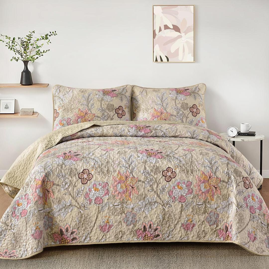 WONGS BEDDING Floral Quilt Set King Size, Khaki Botanical King Bedspread Bedding Sets Soft Lightweight Microfiber Flower Coverlet Set 3 Pieces for All Season (104"x90")