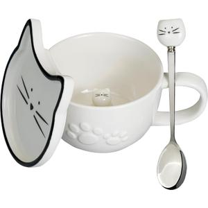 Koolkatkoo Cat Coffee Mug - Ceramic Tea Cup with Lid and Spoon, Cute Hidden 3D Animals Inside Mug, Cat Lovers Gifts, Holiday Christmas Birthday Gifts for Women and Men, 10oz, White
