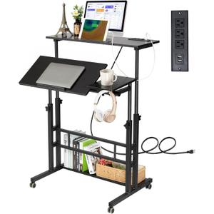 Hadulcet Stand Up Desk, Rolling Desk Adjustable Height, Mobile Standing Desk with Wheels & Charging Station, Portable Stand for Laptop, Rolling Computer Cart TV Tray, Small Standing Desk Drawing Table (Black)