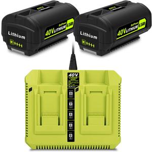 BatPower 2-Pack 40V 6.5Ah Lithium-Ion Replacement Battery and Charger Starter Kit Compatible with Ryobi 40V System, High Capacity Batteries and Charger OP4050A OP401 (3-Piece Set)
