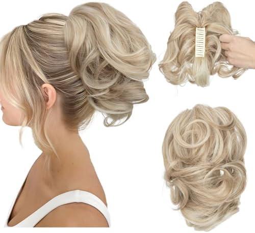 CJL HAIR Claw Clip Short Ponytail Hair Extensions DIY Bendable Metals Messy Bun Hair Piece for Wonen Wavy Curly Synthetic Fake Hairpieces Sunny Blonde