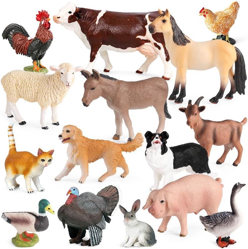 15pcs Farm Animal Toys for 3 4 5 6 7 Years Old Toddlers Girls Boys, Plastic Toy Farm Animal Figurines Playset with Cow Horse Dog Cat and etc, Educational Learning Toys & Birthday Easter Gifts