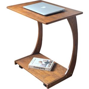 Solid Wood C-Shaped End Table with Wheels, Walnut Slide Under Sofa Side Table with Storage Shelf, Mobile Accent Table for Living Room Bedroom