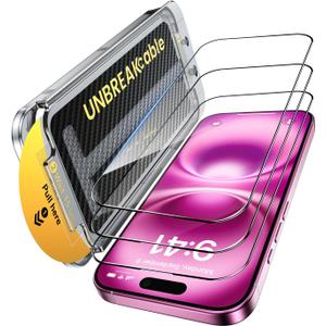 UNBREAKcable 3-Pack Screen Protector for iPhone 16 Plus,Tempered Glass | Shatterproof Glass,One Pull Perfection,Auto Dust Elimination,99.99% HD Clear,Bubble Free,Full Coverage for Apple 6.7 Inch