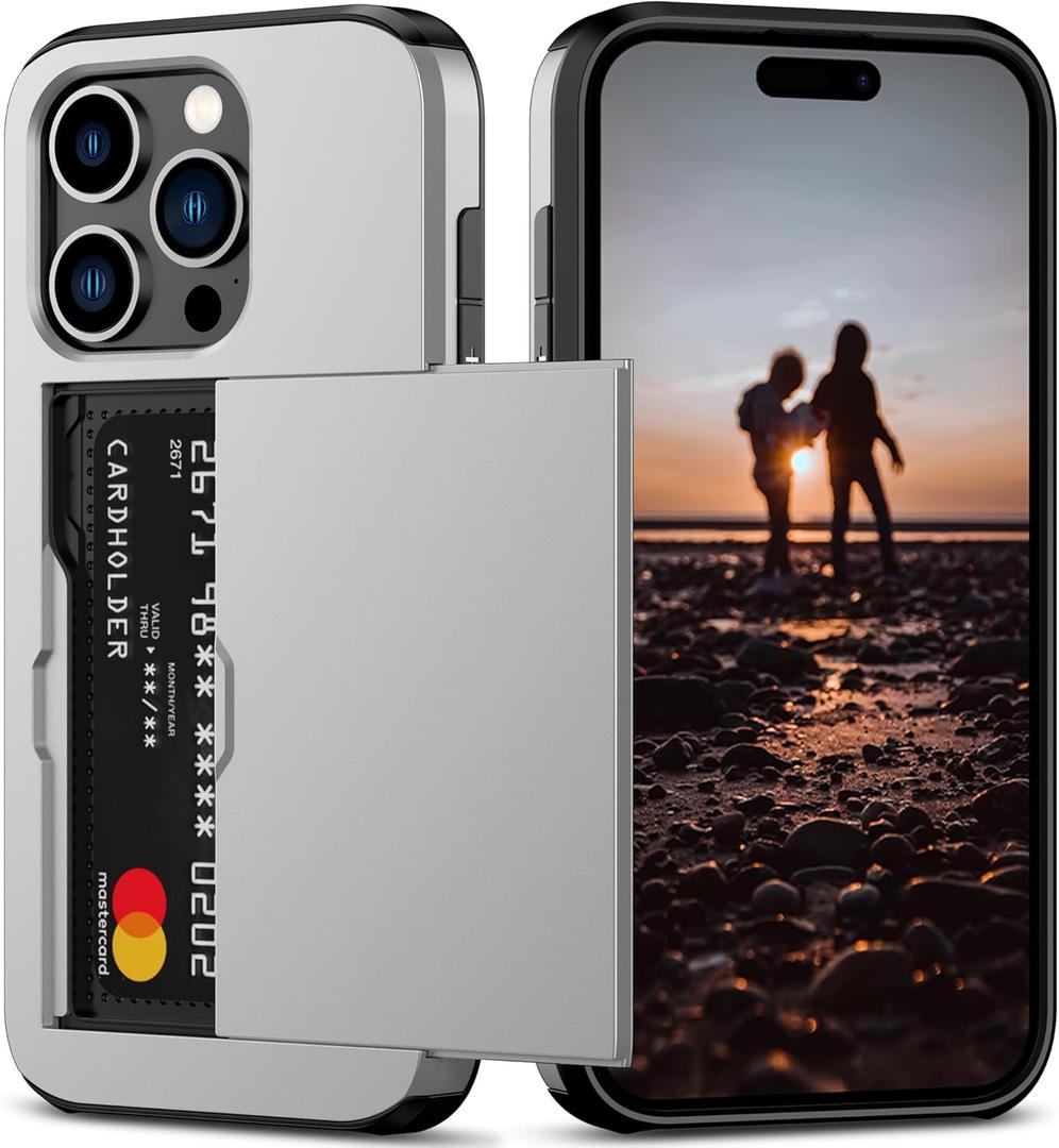 Nvollnoe Compatible with iPhone 15 Pro Case with Card Holder Heavy Duty Protective Dual Layer Shockproof Hidden Card Slot Slim Wallet Phone Cover for Women&Men 6.1 inch(Gray)