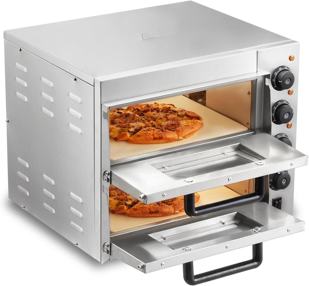 VEVOR Commercial Pizza Oven Countertop, 14" Double Deck Layer, Stainless Steel Electric Pizza Oven with Stone and Handle, Multipurpose Indoor Pizza Maker for Restaurant Home Pretzels Baked