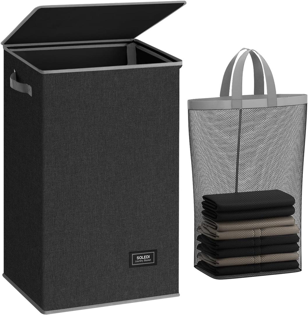 SOLEDI Laundry Hamper with Lid 90L Large & Tall Collapsible Laundry Basket, Clothes Hamper with Bag Removable Easy to Carry, Dirty Hampers for Bedroom, Bathroom, Dorm, College, Dark Grey