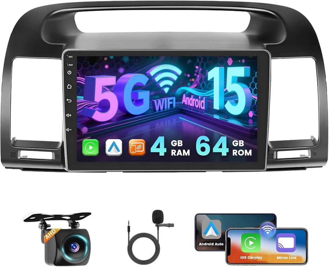5G WiFi [4+64G] Hikity Android Car Stereo for Toyota Camry 2000-2006 with Wireless Carplay Android Auto, 9'' IPS Touchscreen Radio Bluetooth Mirror Link GPSSWC AI DSP/FM/RDS/32EQ Backup Cam+Mic