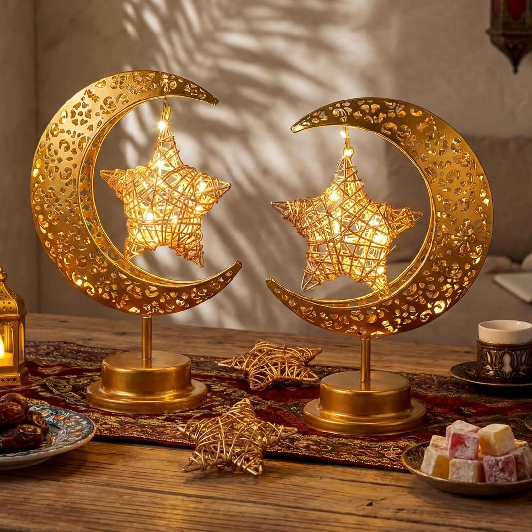 Glooglitter 2 Pcs Moon Crescent Ramadan Table Lamp Decorations Battery Operated Ramadan Lights Eid Mubarak Moon Decorations Gold Crescent Lamp Nightlights Eid Gifts for Home, Bedroom, Living Room