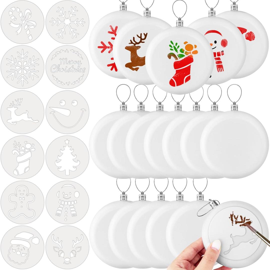 24 Pcs 3.9 Inch Christmas Blank White Ball Ornaments,12 Set Plastic DIY White Ornaments,Christmas Flat Disc Hanging Decors with 12 Hollow templates for Crafts,Parties Xmas Tree