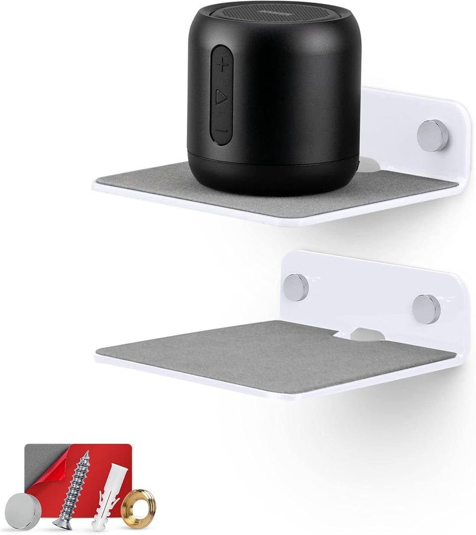 2-Pack 4 Small Floating Shelf Bluetooth Speaker Stand, Adhesive & Screw Wall Mount, Anti Slip, for Cameras, Baby Monitors, Webcam, Router & More, Universal Holder by Brainwavz (SHELF11 White)