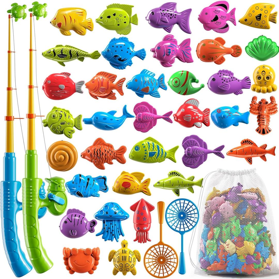 Magnetic Fishing Game Pool Toys for Kids 3-5, Water Table Bathtub Kiddie Party Toy with Pole Rod Net Plastic Floating Fish, Outdoor Toys for Boys Girls Kids Age 3 4 5 6 7 8 Year Old