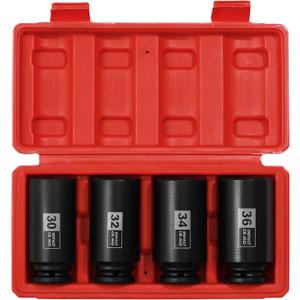 EMENTOL 4PCS 1/2" Drive Deep Impact Socket Set, CR-MO, 12 Point, Metric, Deep Spindle Axle Nut Impact Socket Set-30mm, 32mm, 34mm, 36mm