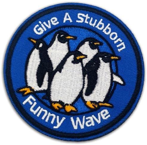 Give A Stubborn Smile Wave Tactical Patch, Funny Penguin Hook and Loop Embroidered Patch, Cute Animal Morale Accessory for Jackets, Backpacks, Dog Harnesses, Army Vests, Bags and Hats, Set of 3, Mixed Colors