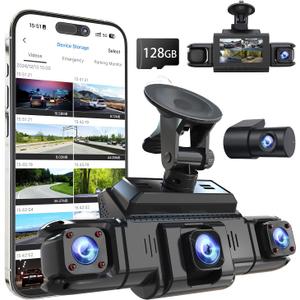 360 View 4 Channel Dash Cam Front and Rear Left Right Inside Camera for Cars, GPS and 5G Band WiFi, Night Vision, 160 Wide Angle, WDR, 24H Parking Mode, Supercapacitor, Included 128GB Card
