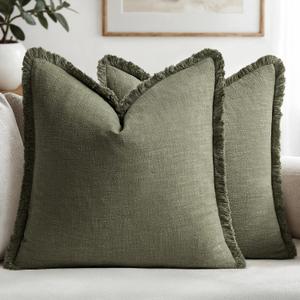 MIULEE Decorative Throw Pillow Covers Neutral Linen Fringe Throw Pillows Set of 2 Olive Green Boho Farmhouse Cushion Covers with Tassels for Couch Sofa Bed Living Room Spring Home Decor 20x20 Inch