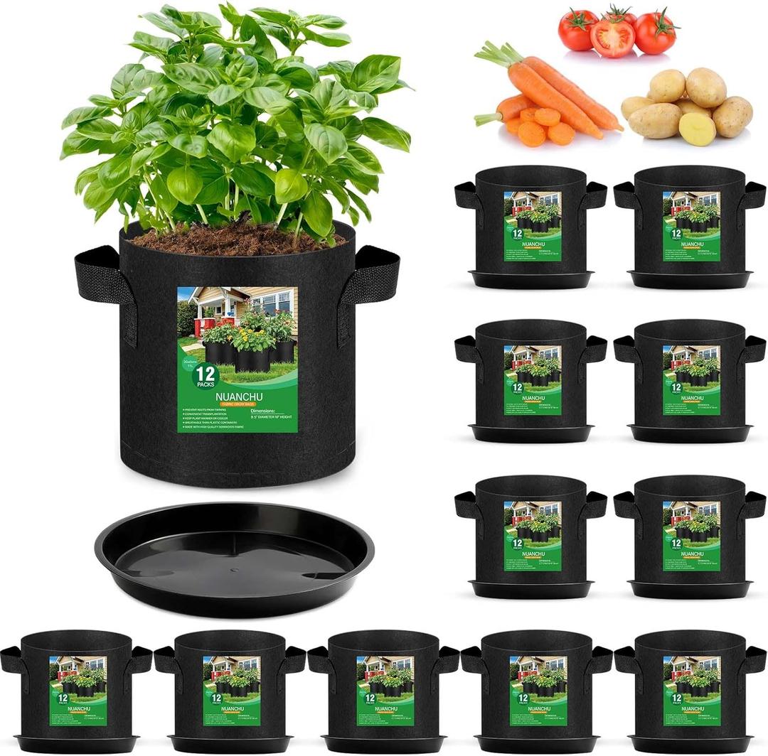 Funnymoom 12 Sets 3 Gallon Grow Bags with Plant Saucers, Durable Fabric Plant Pots with Handles, Aeration Drainage Planter Bags for Planter, Reusable Garden Bags Drip Trays Set for Indoor Outdoor