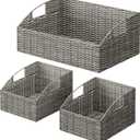 Rattan Storage Baskets, Handwoven Wicker Storage Bins with Built-in Handles, Storage Container Baskets for Shelves, Bedroom, Bathroom, Laundry Room or Kitchen(Grey) 11"D x 16.3"W x 6.7"H