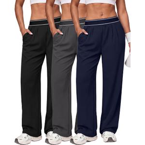Coume 3 Pack Women Lightweight Straight Leg Pants Quick Dry Baggy Track Pants Elastic Waist Yoga Workout Trousers with Pocket (M)