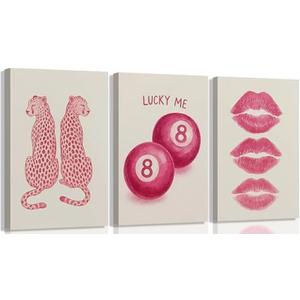 3Pcs Pink Leopard Canvas Wall Art Trend Cheetah Wall Decor Painting Pink Coquettish Cherry Lips Prints Lucky 8 Ball Y2k Aesthetic Picture for Girls Bedroom Dorm Room Decoration 16x24in Framed