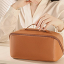 Travel Makeup Bag, PU Leather Cosmetic Bags for Women, Waterproof Portable Pouch Open Flat Toiletry Bag, Make up Organizer with Divider and Handle - Brown. Pack of 2