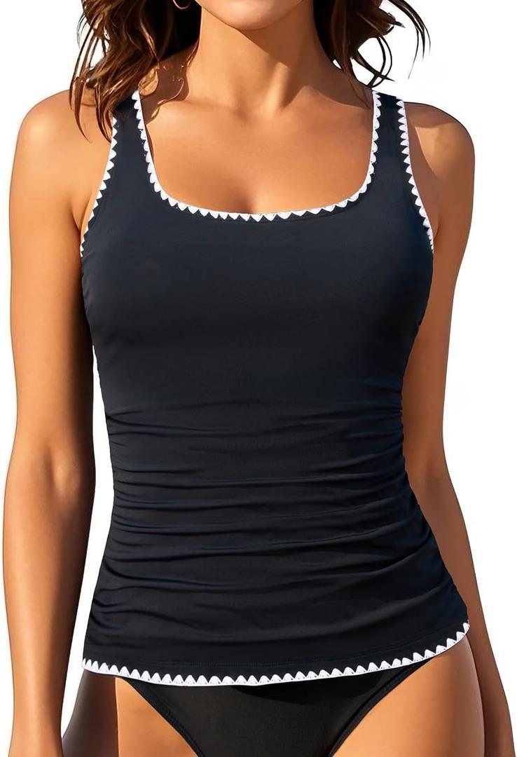 Aqua Eve Tankini Tops for Women Swimwear Top Only Tummy Control Bathing Suit Top No Bottom  (Large, Black 02)