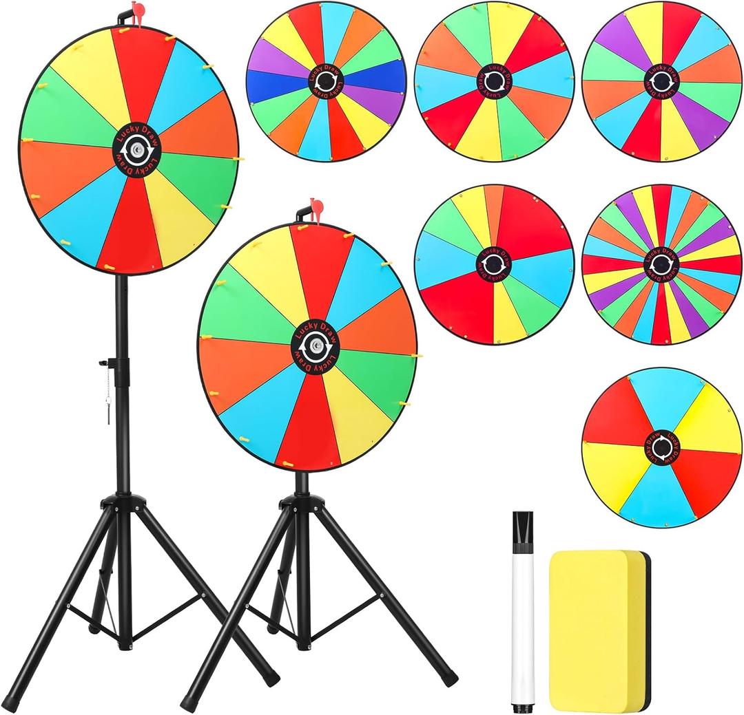 24 Inch 6 in 1 Prize Wheel with Folding Tripod for Tabletop or Floor Stand Spinning Prize Wheel Height Adjustable 6/9/10/12/14/24 Slots Fortune Spin with Dry Erase & Marker Pen