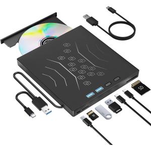 7 in 1 External DVD Drive, External CD/DVD Drive for Laptop USB 3.0 & Type-C, Portable CD/DVD +/-RW Disk Drive, CD/DVD Burner CD ROM External Drive for Laptop Desktop PC Windows 10/11 XP Mac Linux