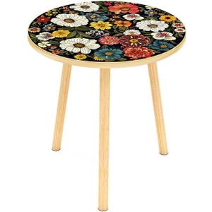 Mandala Round End Table, Small Side Table with Colorful Flowers Finish, Retro Modern Small Coffee Table for Balcony, Living Room(15.7" Dia. x 18.5" H, Colorful, Round)
