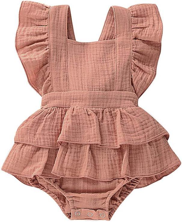 Douhoow Infant Baby Girl Romper Baby Ruffle Bodysuit Jumpsuit One-Piece Cotton Linen Clothes (12-18 Months, Khaki)