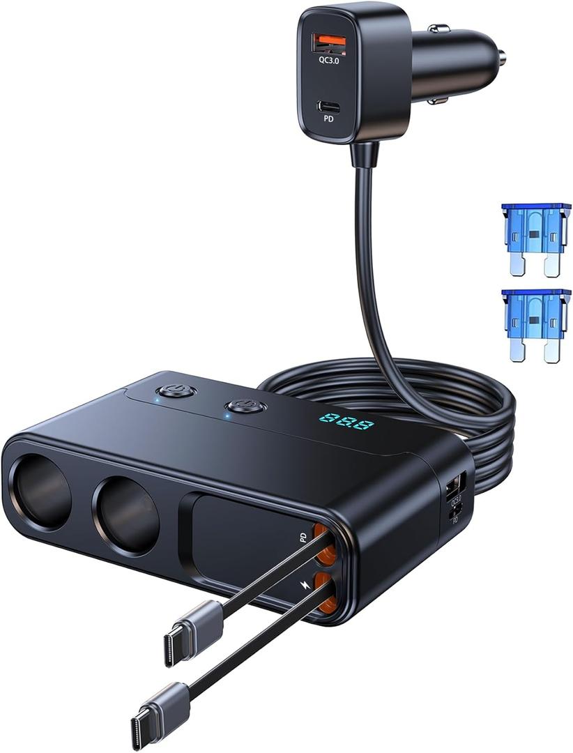 8 in 1 Retractable Cigarette Lighter Splitter, 191W Car Charger Adapter with 2 Sockets,12V Car Outlet with PD30W QC3.0 USB Charging Ports, LED Voltage Display TSNAM