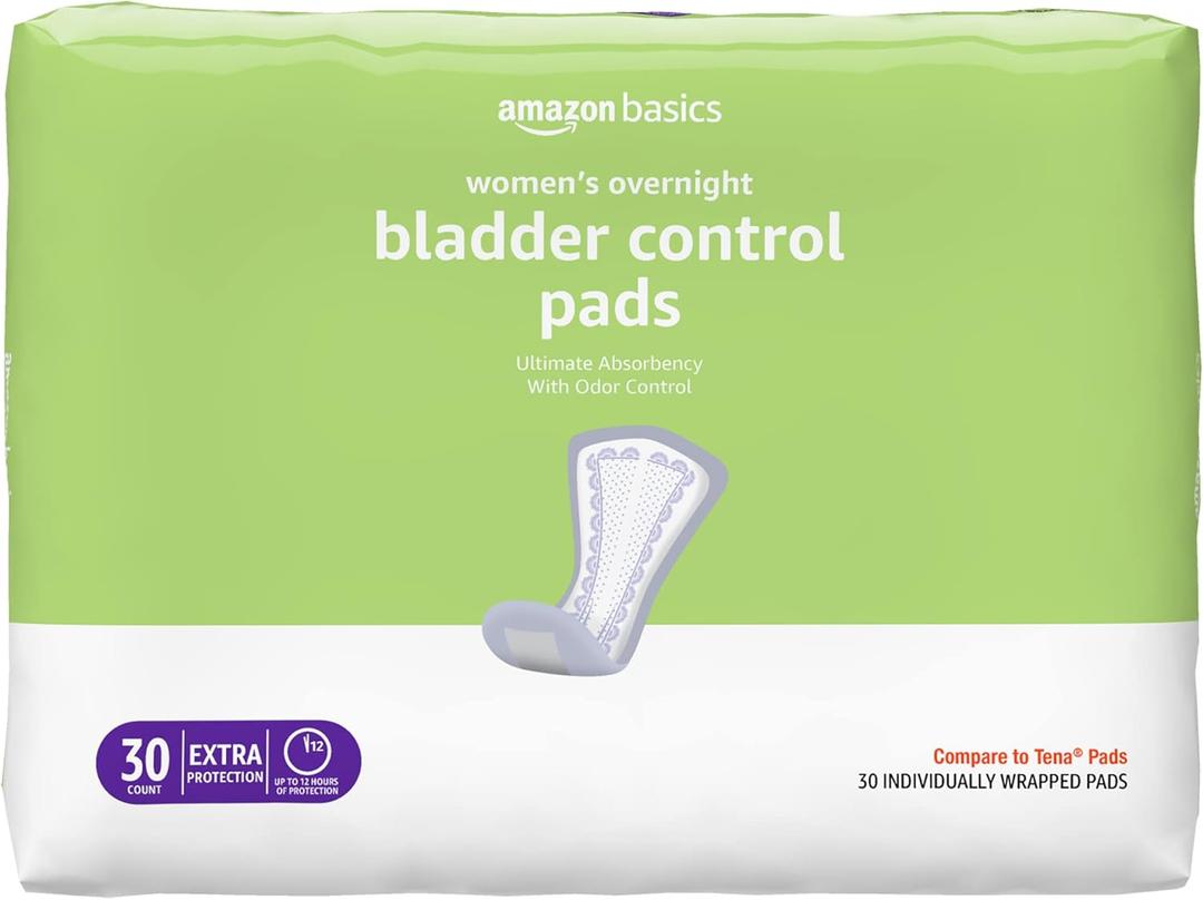 Amazon Basics Incontinence Pads for Women, Bladder Control, Postpartum, Overnight Absorbency, Unscented, 30 Count