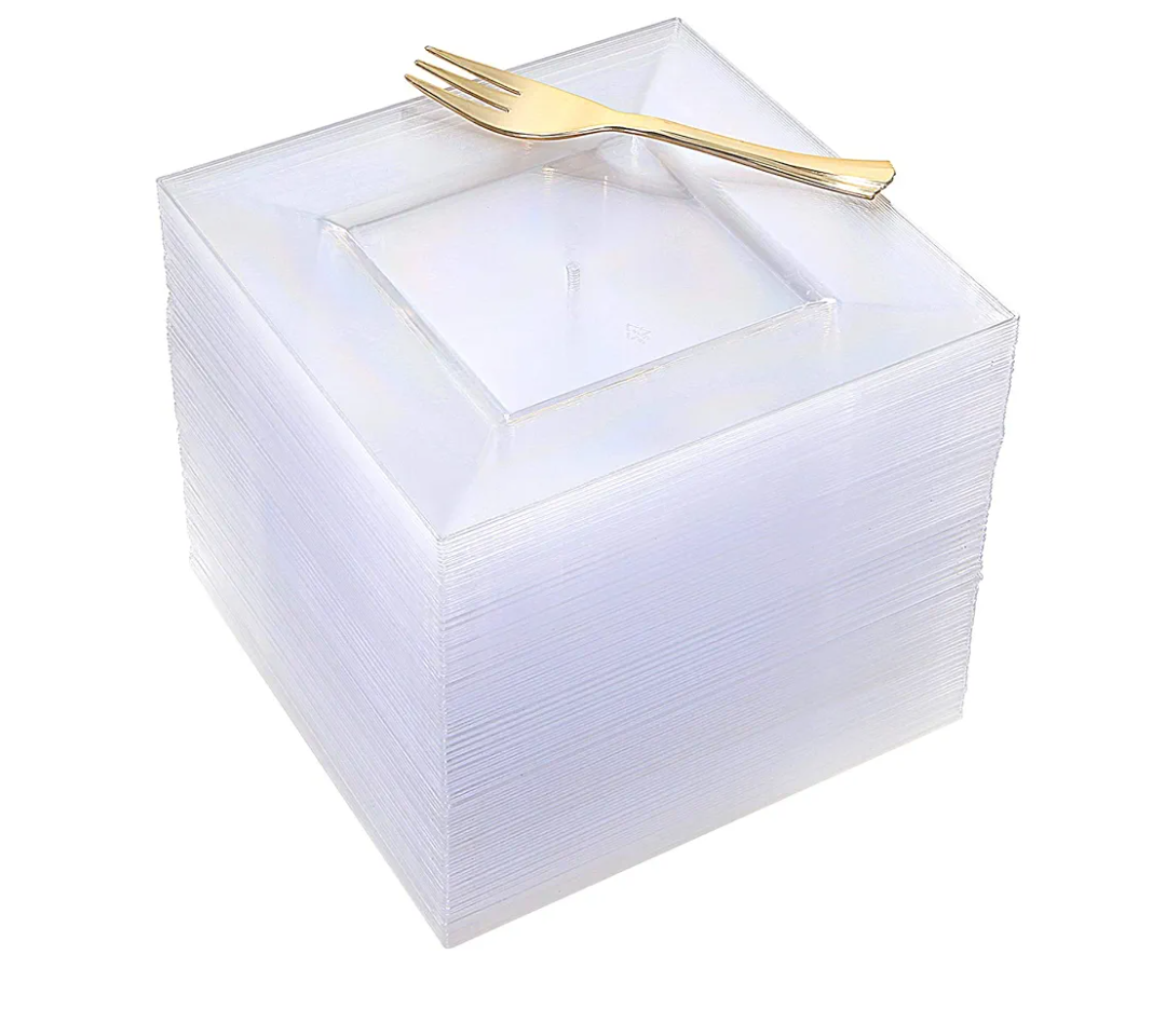 100pcs Square Dessert Plates with 100pcs Gold Dessert Forks, Clear Premium Plastic Salad Plates, Party Essentials Appetizer Plates,Gold Silverware, 6" Clear Plates and 5" Gold Forks