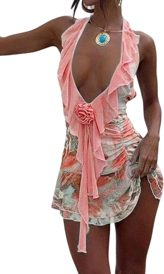 MakeMeChic Women's Halter Dresses Ruffle Deep V Neck Backless Bodycon Sexy Mini Dress (Medium, Coral Pink)