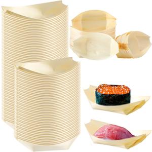 100 Pcs Bamboo Boat Plates Bamboo Appetizer Boats 5.5'' Disposable Wooden Charcuterie Small Sushi Serving Tray for Food Catering Party Home Use