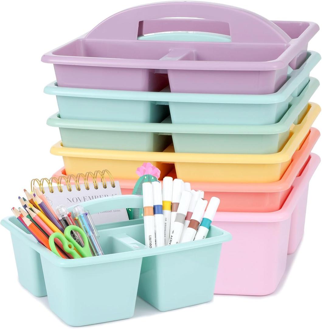 gisgfim 6 Pack Classroom Caddy with Handle Plastic Storage Caddy Organizer with 3 Compartments Desk Caddies Holder Portable Storage Bin for Pencil, Crayon, Marker, Home, Office, School Supply(Pastel)