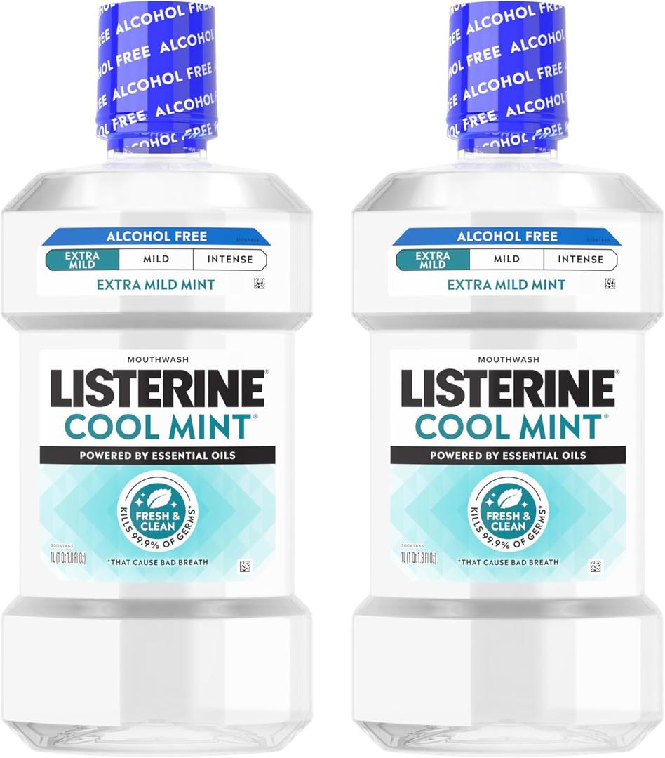 Listerine Extra Mild Alcohol-Free Mouthwash, Oral Rinse Powered by Essential Oils Kills 99.9% of Germs that Cause Bad Breath for A Clean* Mouth, No Added Dyes, Mild Cool Mint Flavor, 1L x 2