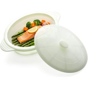 Microwave Steamer Cooker Collapsible Bowl Silicone Baked Potato Cookware with Handle Lid for Vegetables Fish Prep Meal Food with Removable Rack BPA Free Easy to Store Freezer Dishwasher Safe Aqua