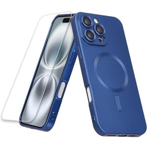Magnetic for iPhone 16 Pro Case, with Screen Protector, Soft Silicone Slim Fit Full Acoverage Protective Phone Case Cover for iPhone 16 Pro, Compatible with MagSafe, Dark Blue