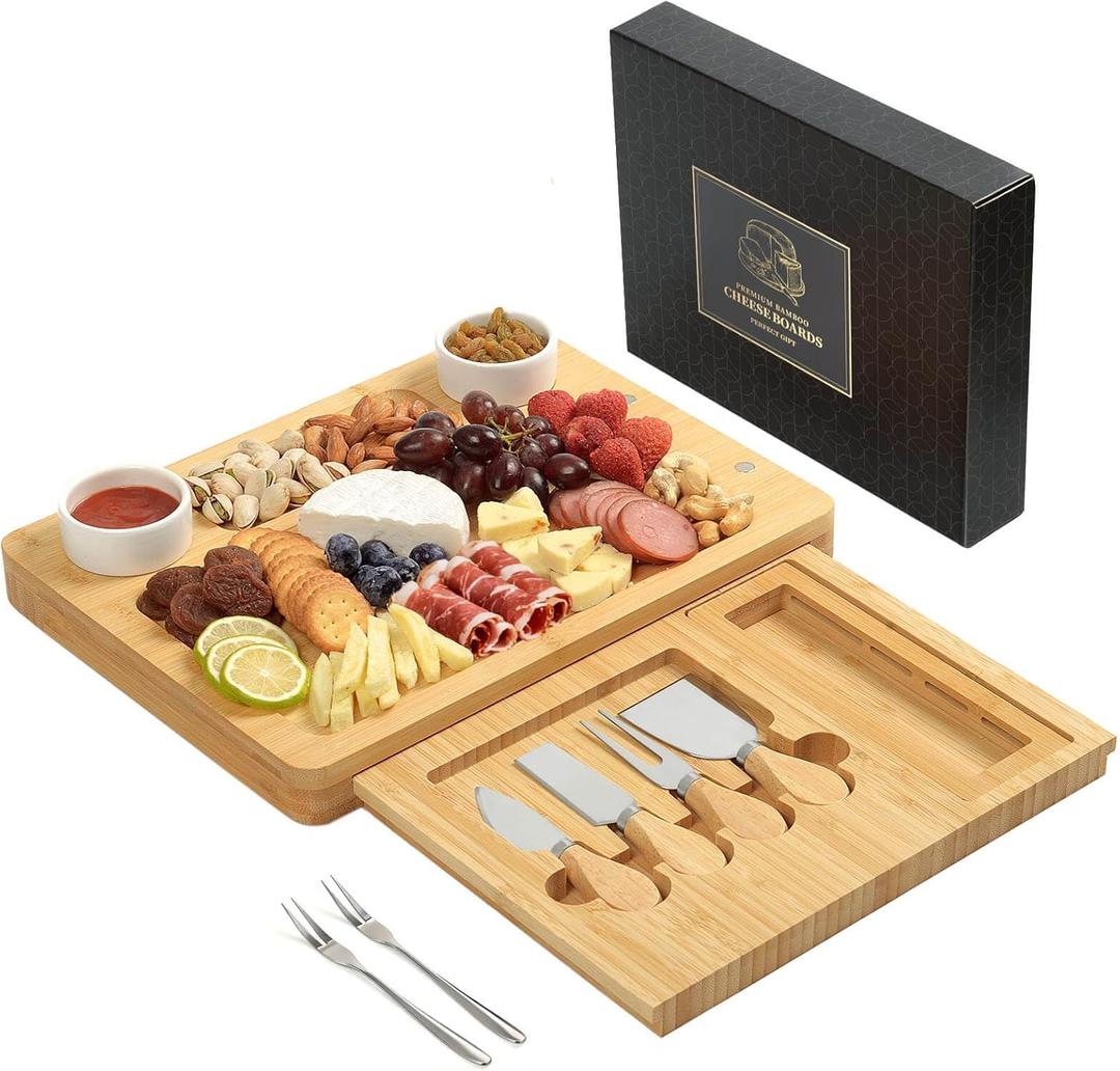 Bamboo Cheese Board Set - Charcuterie Boards and Serving Meat Platter, Cheese Tray with 4 Stainless Steel, 1 Drawers, Cheese Knives Cutting Board Platter, Ideal for Halloween, Wedding, Christmas Gifts