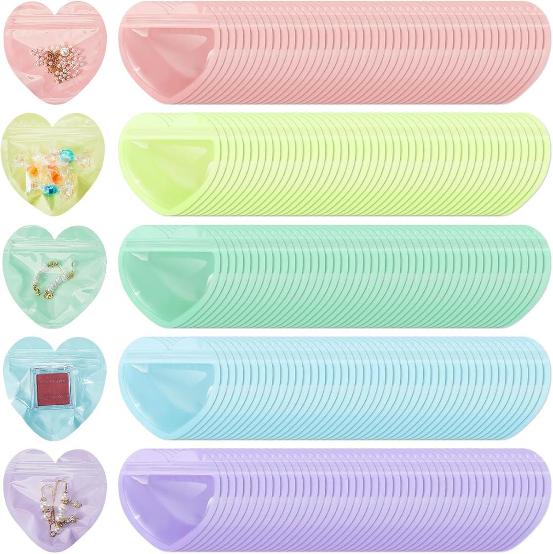 300 Pcs Heart-shaped Jewelry Packaging Bags Small Jewelry Transparent Resealable Cute Treat Bags for Business Wedding Birthday Festival Party Favor Supplies (Mixed Color)