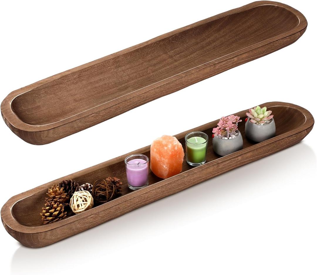 Nuogo 2 Pack 30 Inch Large Wooden Decorative Dough Bowls Rustic Paulownia Long Hand Carved Wood Bowl Dining Room for DIY Home Crafts Making Farmhouse Fruits Supplies Decoration