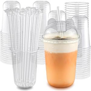 16oz 50 Set Disposable Plastic Cups with Dome Lids and Straws, Clear Iced Coffee Cups with lids, Round Bottom Plastic Cup for Milkshakes Juice Beverages Holiday Party Outdoor Picnic Supplies