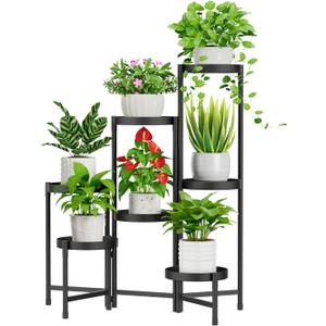 iDavosic.ly 7 Tier Plant Stand for Indoor Outdoor, Tiered Folding Corner Flower Display Holder Shelf, Metal 32 Inch Tall Rack for House Patio Balcony Garden Living Room, Modern Black