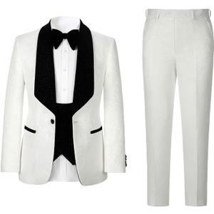Men's Slim Fit Tuxedo, Shiny Velvet Shawl Collar 3 Piece Suit, Party Jacket Vest Pants & Bow Tie Set (XX-Large, White Paisley Jacquard) Men's Slim Fit Tuxedo, Shiny Velvet Shawl Collar 3 Piece Suit, Party Jacket Vest Pants & Bow Tie Set (XX-Large, White Paisley Jacquard)