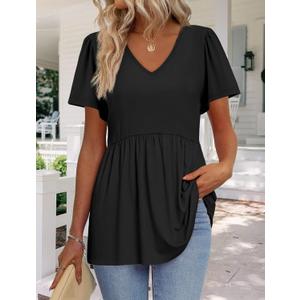Womens Summer Tops Babydoll Short Sleeve Shirts Puff Sleeve Peplum Tops V Neck T Shirts (3X-Large, Black)