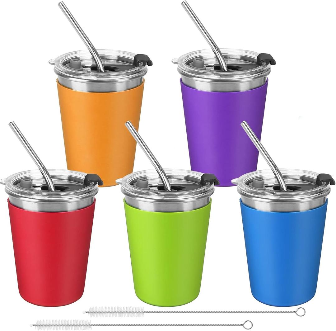 ShineMe Stainless Steel Kids Cups, 5pack with Spill Proof Lids, Straws & Silicone Sleeves, 12oz, BPA Free, Insulated, for Cold & Hot Drinks (new 12oz with  Metal Straws)