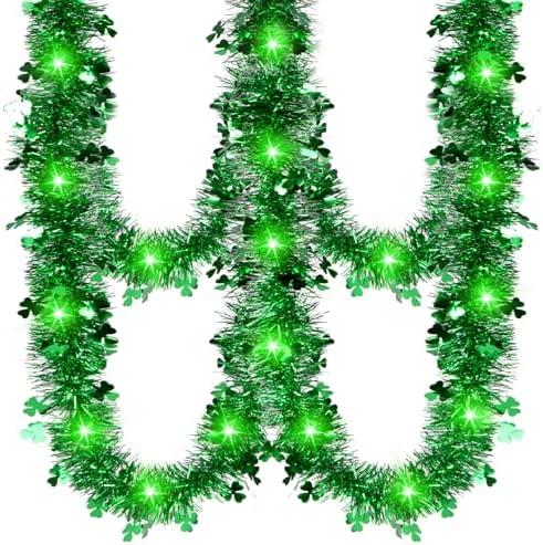 letesult 66 Feet St Patricks Day Tinsel Garland with Lights, 2 Strings 33 Feet Each St Patricks Day Shamrock Garland Clover Green Twist Metallic Decoration for Saint Patricks Day Irish Party Decor