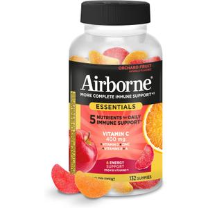 Airborne 400mg Vitamin C Gummies for Adults & Children, Immune Essentials Daily Immune Support Supplement with Powerful Antioxidants Vitamins C & E Plus Selenium - 132 Gummies, Orchard Fruit Flavor (EXP: 07/2027)