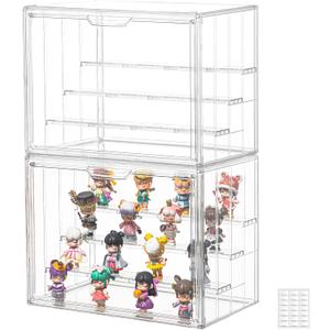 Clear Acrylic Display Case Upgrade 4 Tier Figure Display Case with 3 Movable Dividers, Stackable Display Box Showcase with Magnetic Door for Collectibles (Large-2Pack)